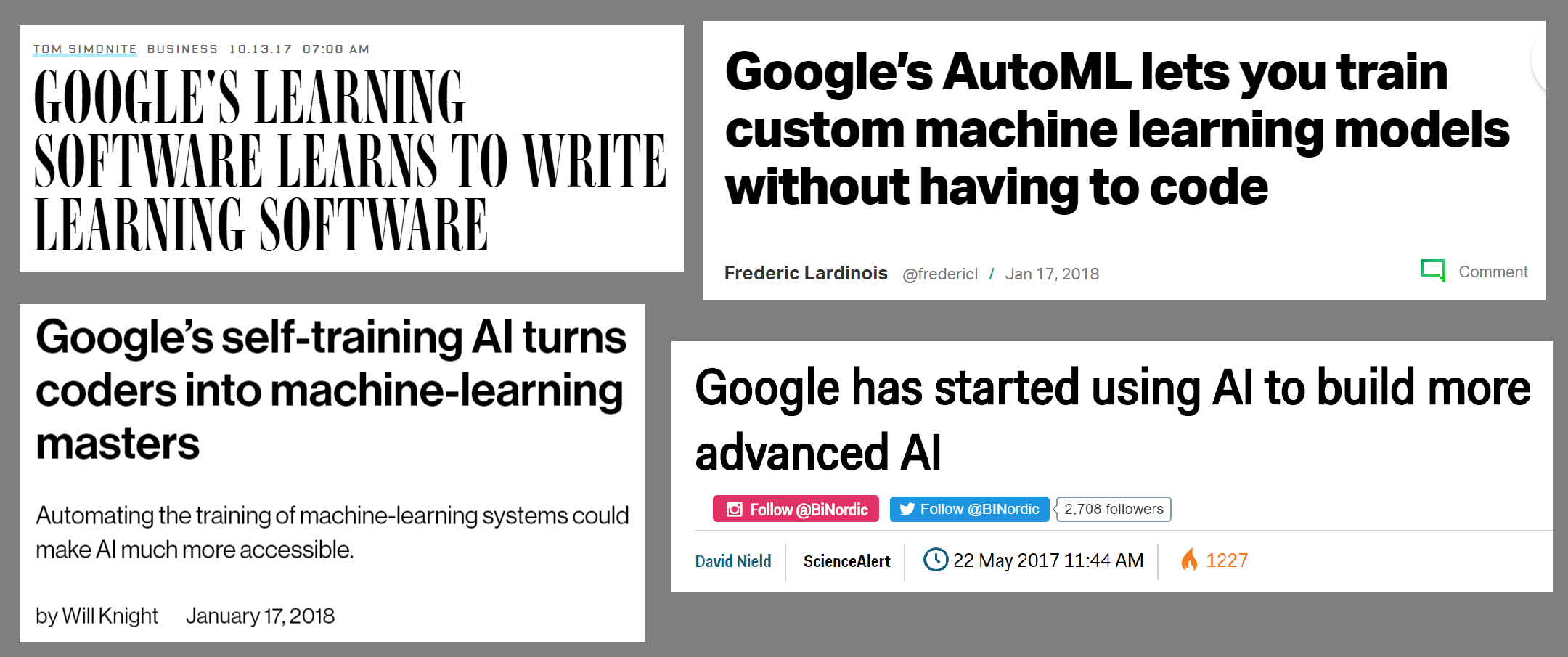 关于谷歌的AutoML和神经架构搜索的许多文章中的一小部分的头条新闻