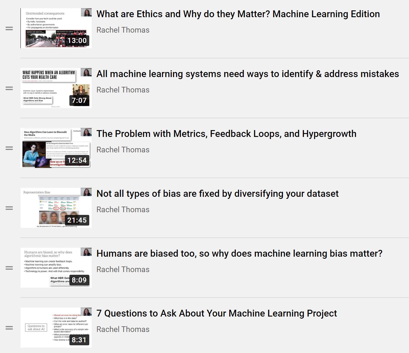 I made a playlist of 11 short videos (most are 6-13 mins long) on Ethics in Machine Learning. This is from my ethics lecture in Practical Deep Learnin